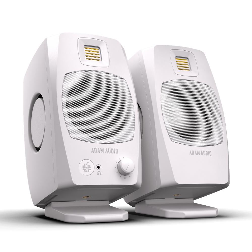 ADAM_Audio_D3V_-_Active_Desktop_Monitor_System_Pair_-_White_-_3_Front_Right_Angle_with_Loudspeaker_Stand