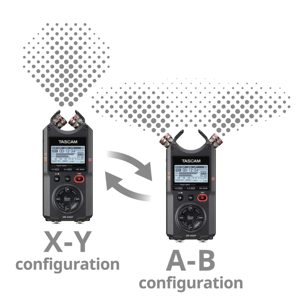 TASCAM_DR-40XP_-_4-Channel_32-Bit_Float_Portable_Field_Recorder_with_USB-C_Interface_and_Adjustable_Mics_-_10_Features_1_Adjustable_Condenser_Mics