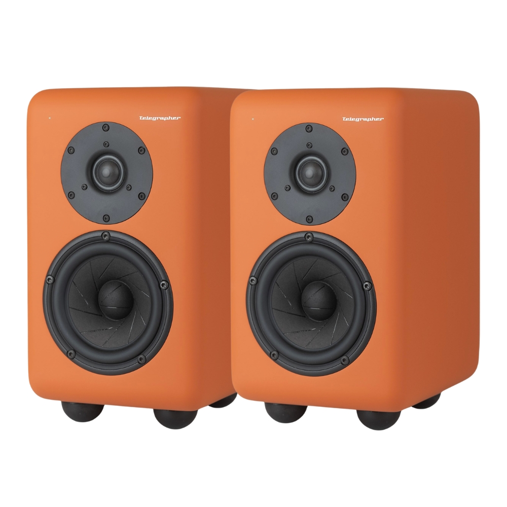 Telegrapher_FOX_-_Active_Analog_2-Way_Nearfield_Studio_Monitor_-_Jaipur_Orange_Pair_-_2_Front_Right_Side_Left_Angle