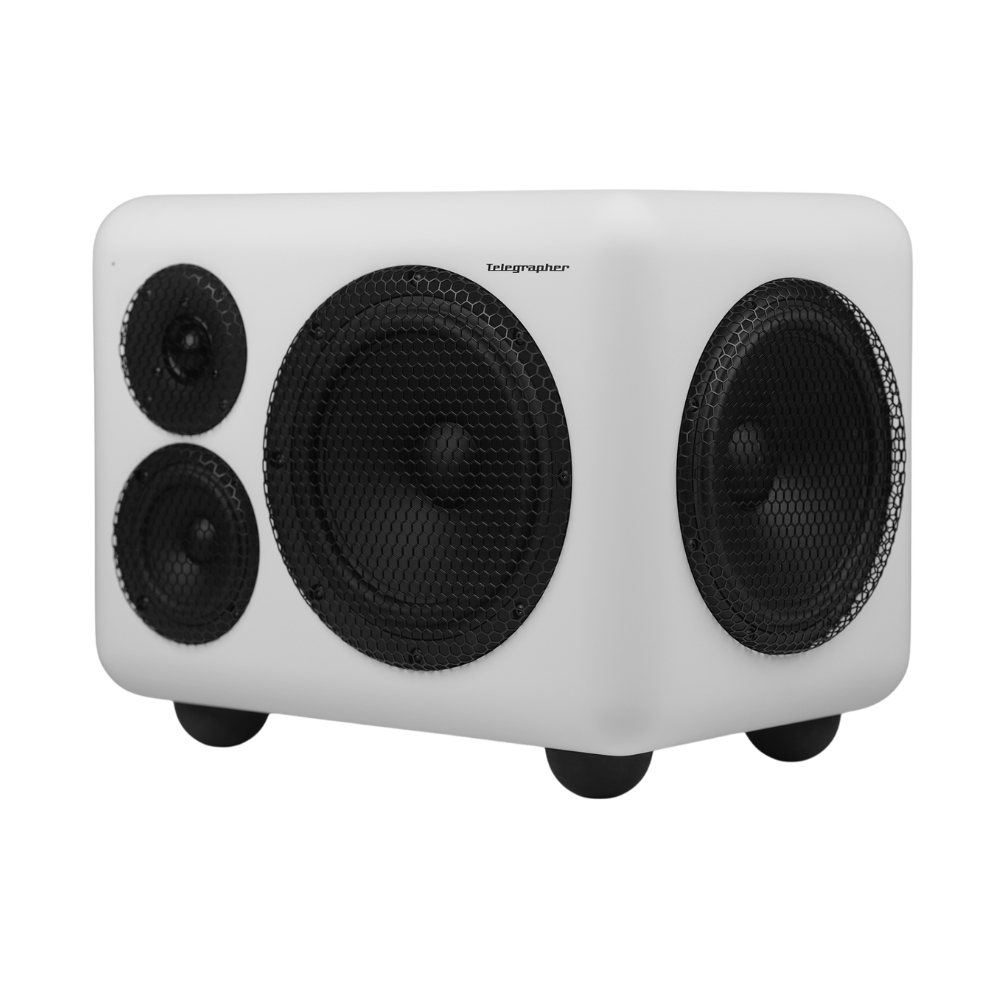 Telegrapher_PANDA_-_8-inch-Active_Analog_3-Way_Midfield_Studio_Monitor_-_Trooper_White_Pair_-_3_Front_Right_Side_Left_Angle_Single_Right_with_Grills