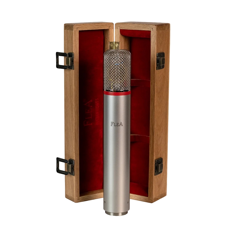 FLEA_SM_204-23_-_Handcrafted_Multi-Pattern_Tube_Condenser_Microphone_-_9_Front_with_Upright_Open_Wooden_Box