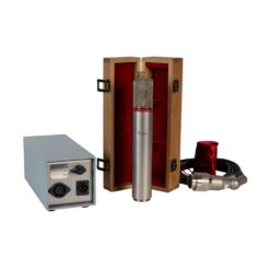 FLEA_SM_204-23_-_Handcrafted_Multi-Pattern_Tube_Condenser_Microphone_-_11_Front_with_Upright_Open_Wooden_Box_Power_Supply_Cable_and_Mic_Cover