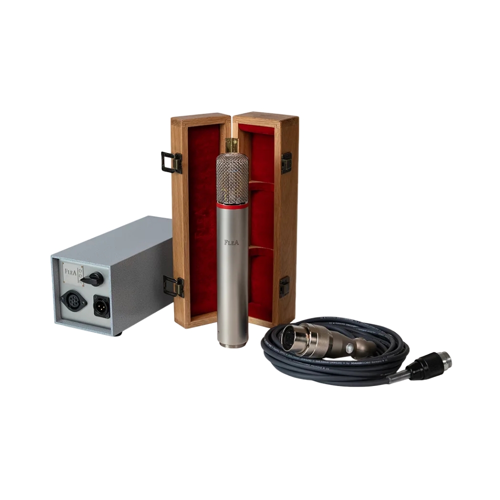 FLEA_SM_204-23_-_Handcrafted_Multi-Pattern_Tube_Condenser_Microphone_-_12_Front_with_Upright_Open_Wooden_Box_Power_Supply_Cable_and_Mic_Cover_2